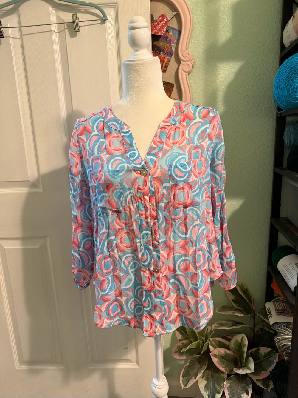 Ruby Rd. Pink and Blue Circular Print V-Neck Blouse